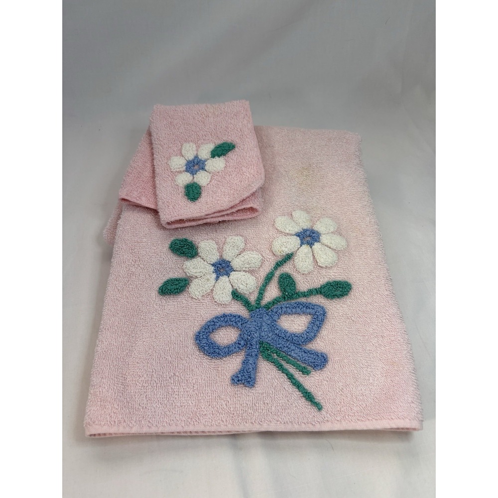 Vintage Martex Embroidered Floral Pink Terry 2pc Hand Towel & Washcloth 70's